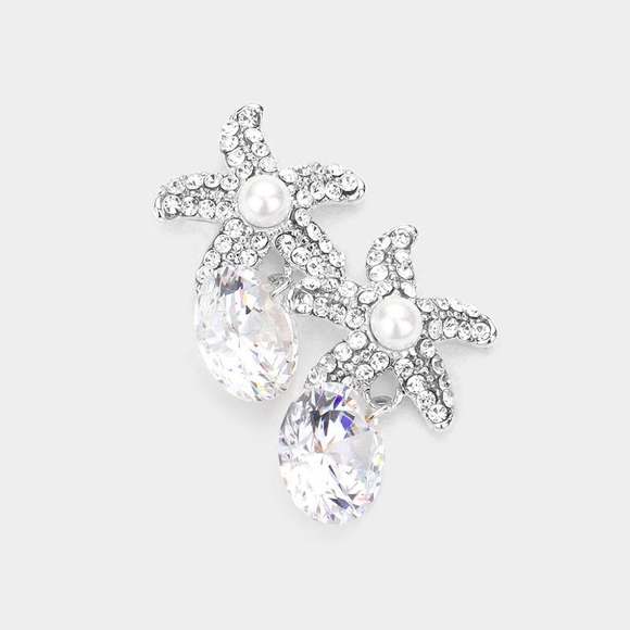 Silver Starfish Crystal Cubic Zirconia Stud Drop Earrings Jewelry - Picture 1 of 3